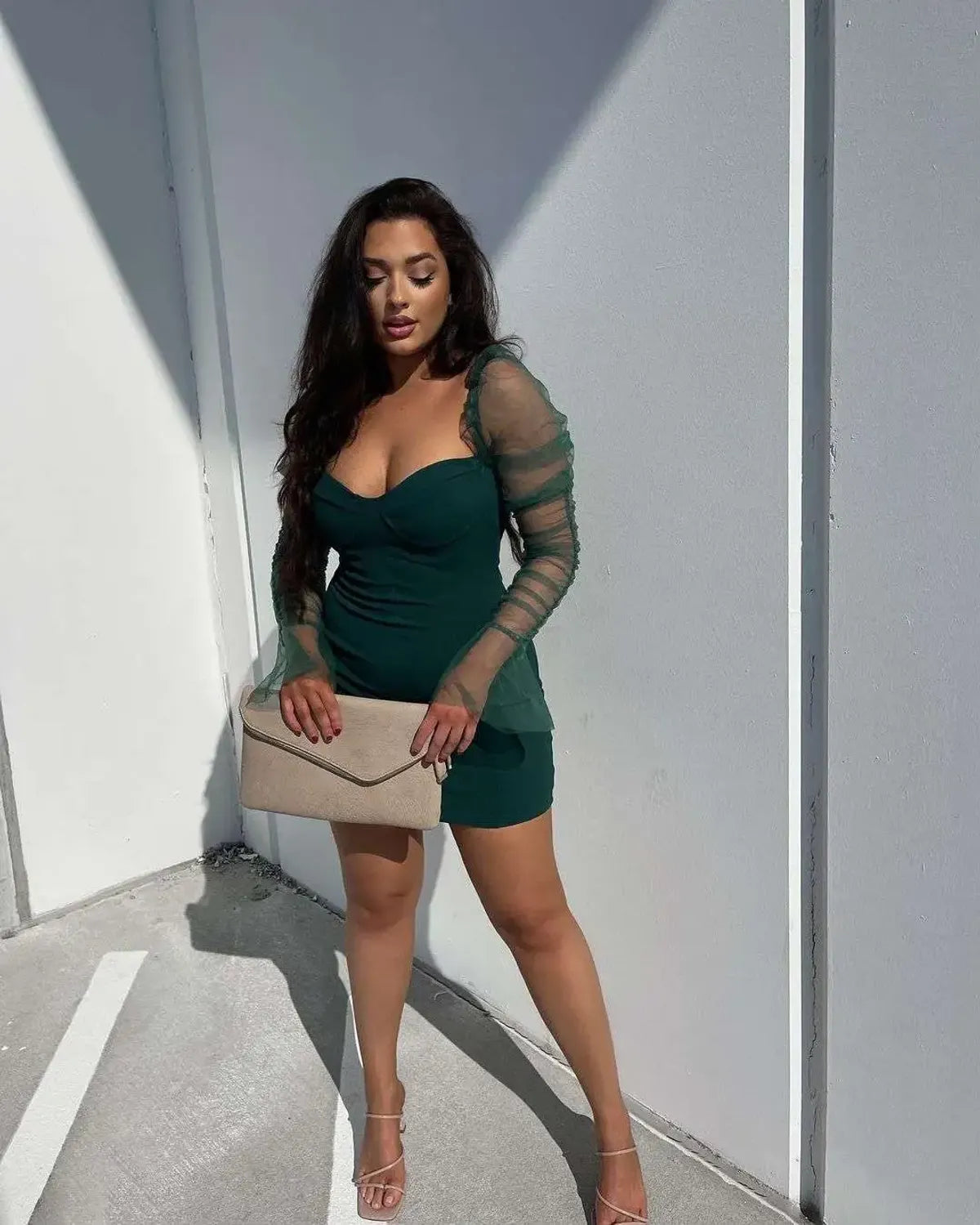 Ruched Sheer Mesh Gigot Sleeve Bodycon Dress