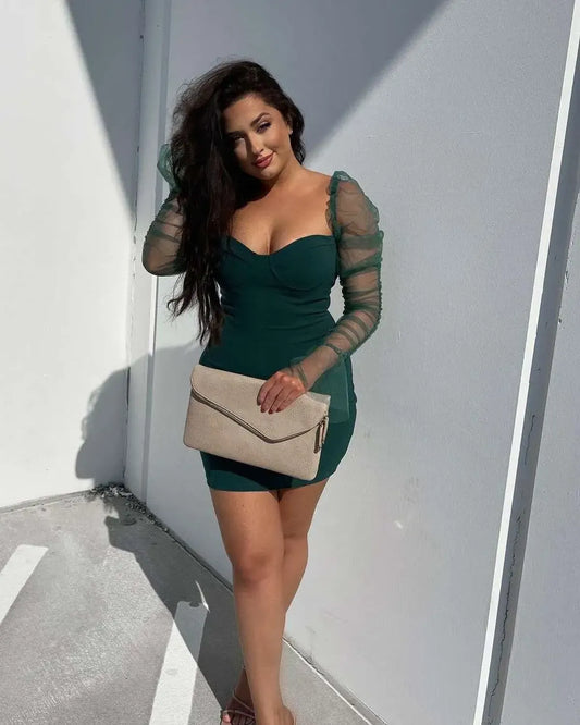 Ruched Sheer Mesh Gigot Sleeve Bodycon Dress