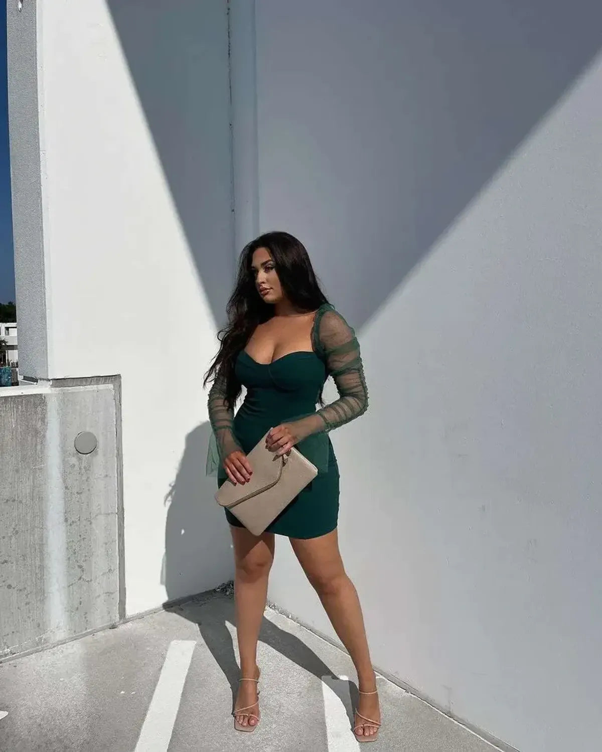 Ruched Sheer Mesh Gigot Sleeve Bodycon Dress