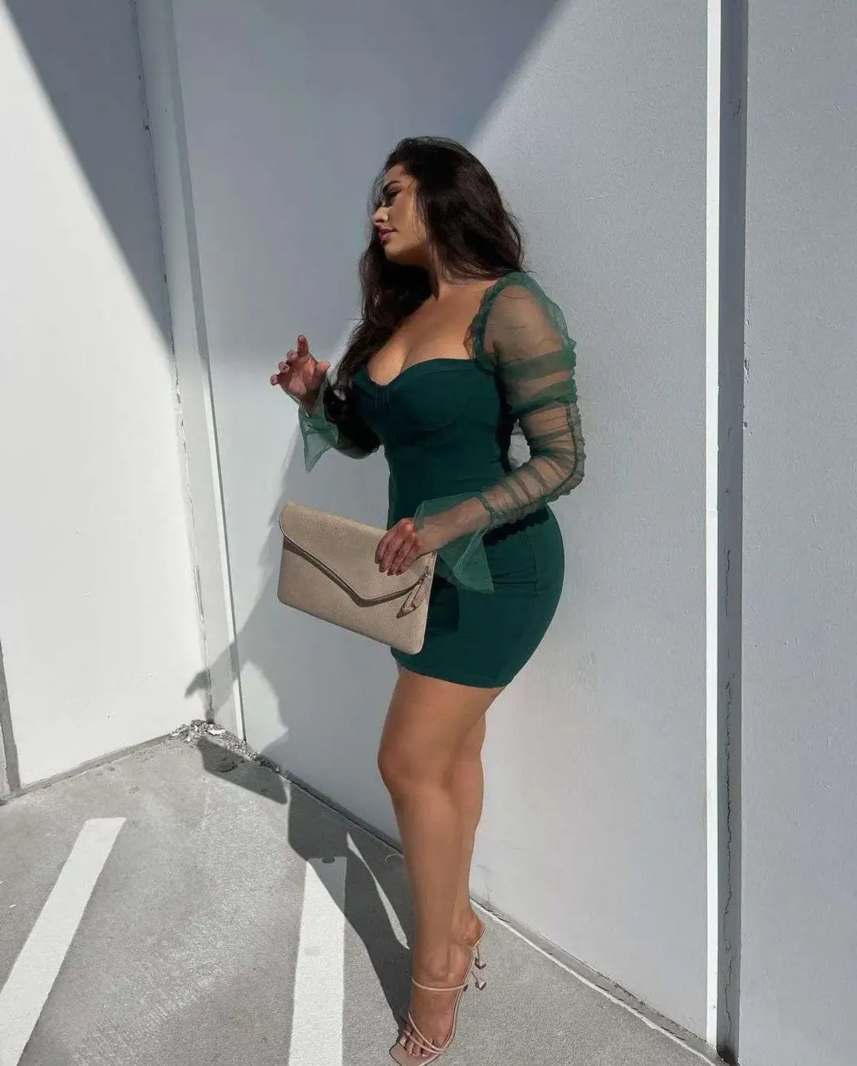 Ruched Sheer Mesh Gigot Sleeve Bodycon Dress