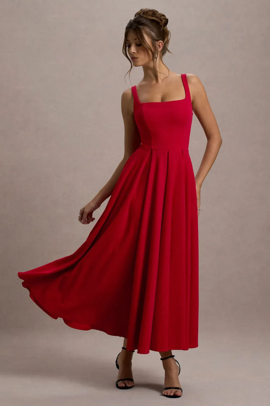 Red-Rarina-Strappy-Volume-Hem-Midi-Dress
