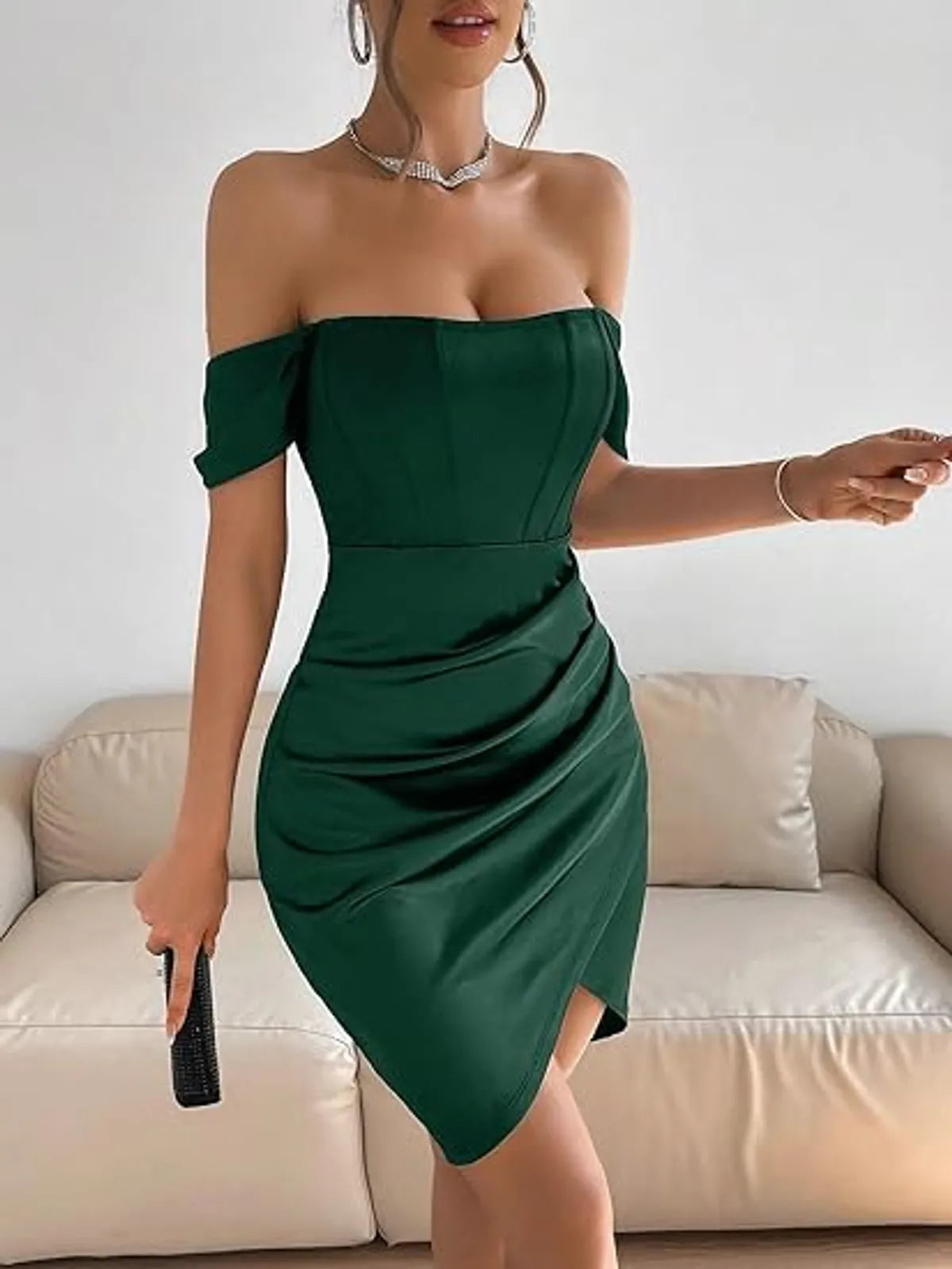 Short Sleeve Off Shoulder Ruched Hem Dress