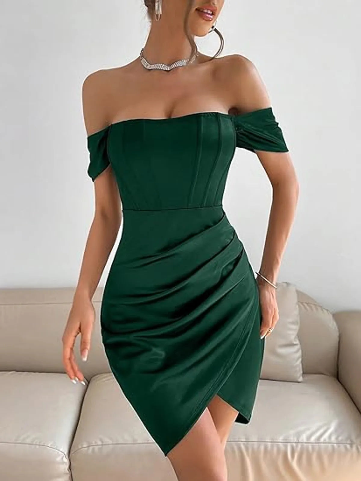 Short Sleeve Off Shoulder Ruched Hem Dress