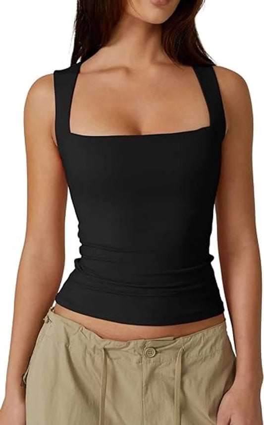 Square Neck Sleeveless Double-Layer Tank Tops