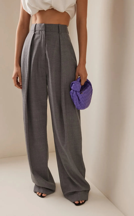 Grey-Wide-Leg-Pleated-Trousers-For-Women