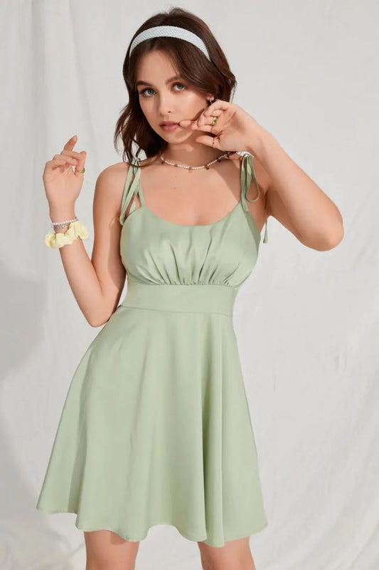 Tie Shoulder Ruched Bust High Waist Satin Cami Dress