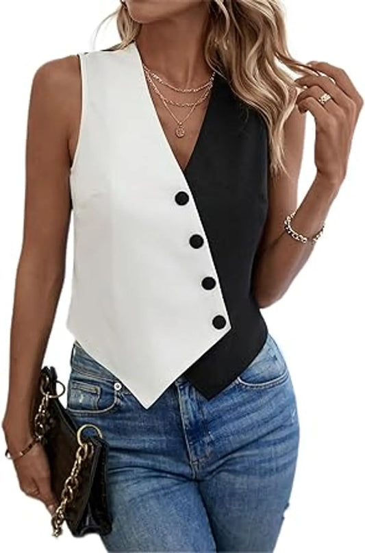 Two Tone Button Front Vest Blazer