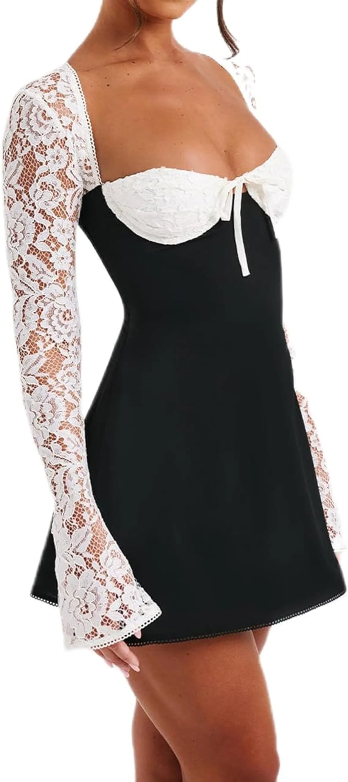 Women Lace Mini Dress Long Sleeve Short Dress
