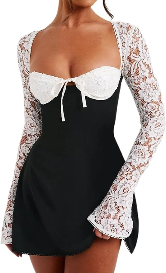 Women Lace Mini Dress Long Sleeve Short Dress