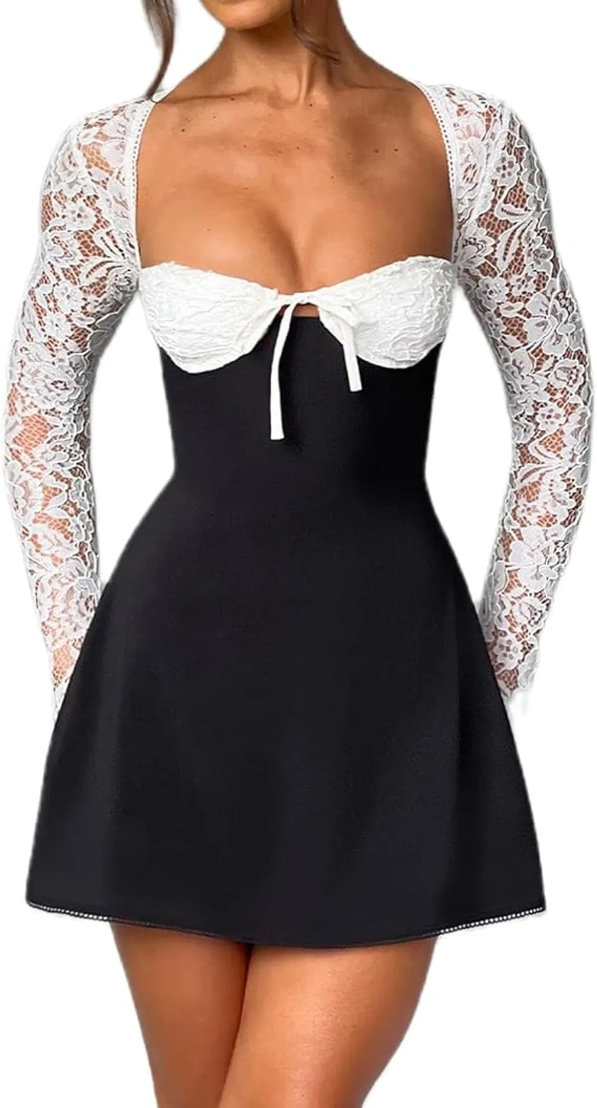 Women Lace Mini Dress Long Sleeve Short Dress