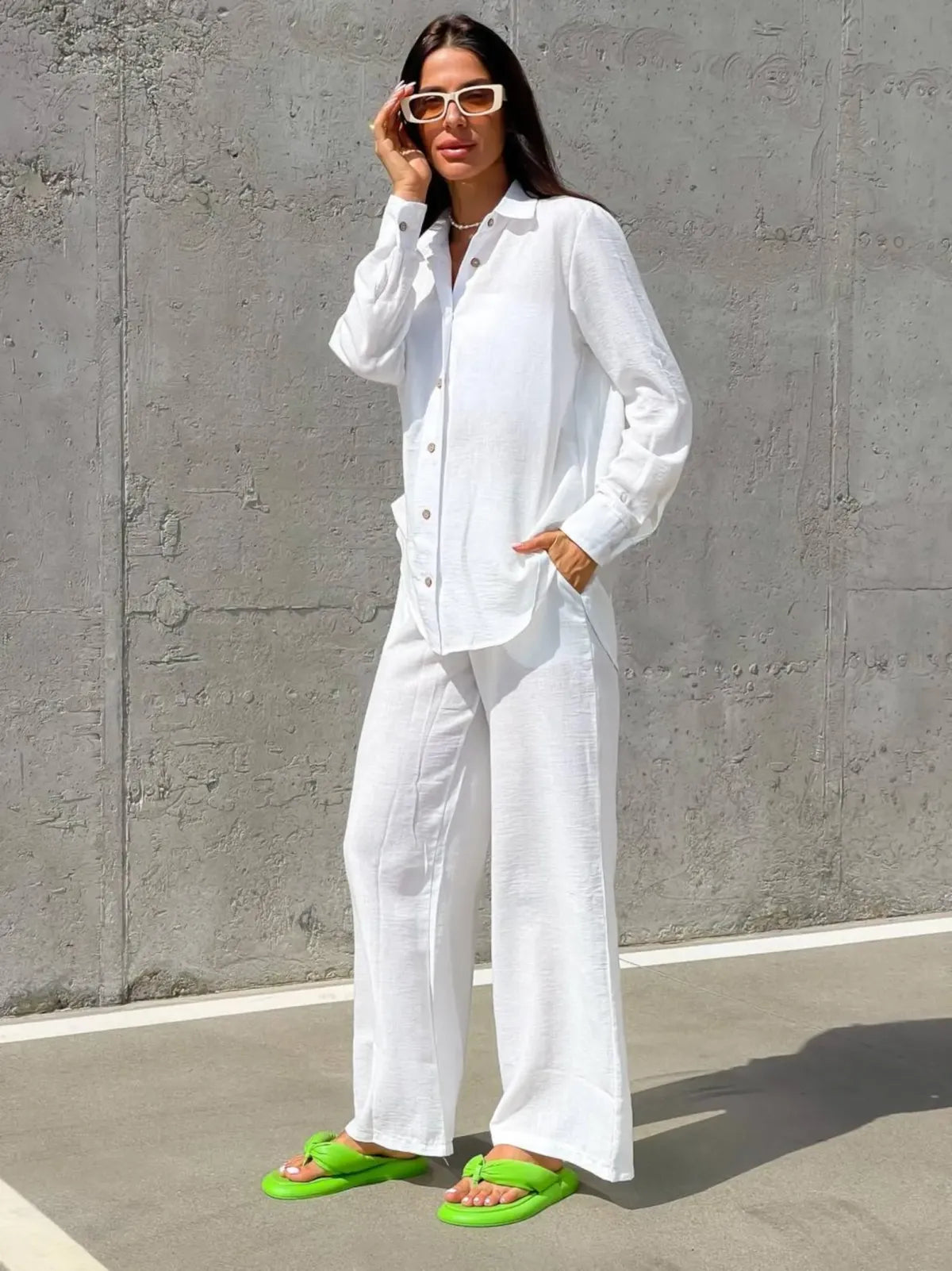White Summer Two Piece Shirt & Pants For Women & Girls