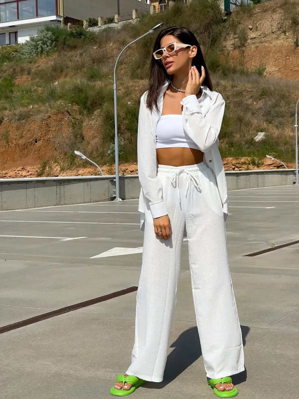 White Summer Two Piece Shirt & Pants For Women & Girls