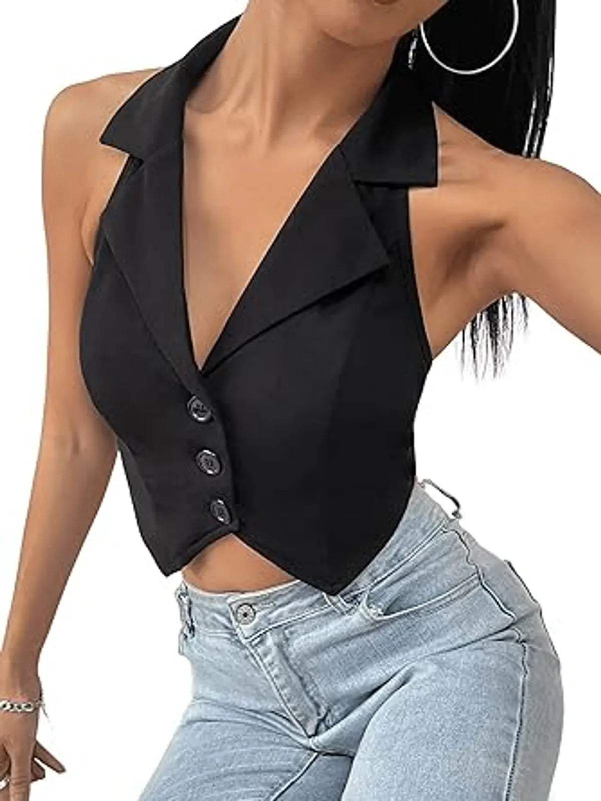 Backless Asymmetrical Hem Button Front Crop Blazer Vest