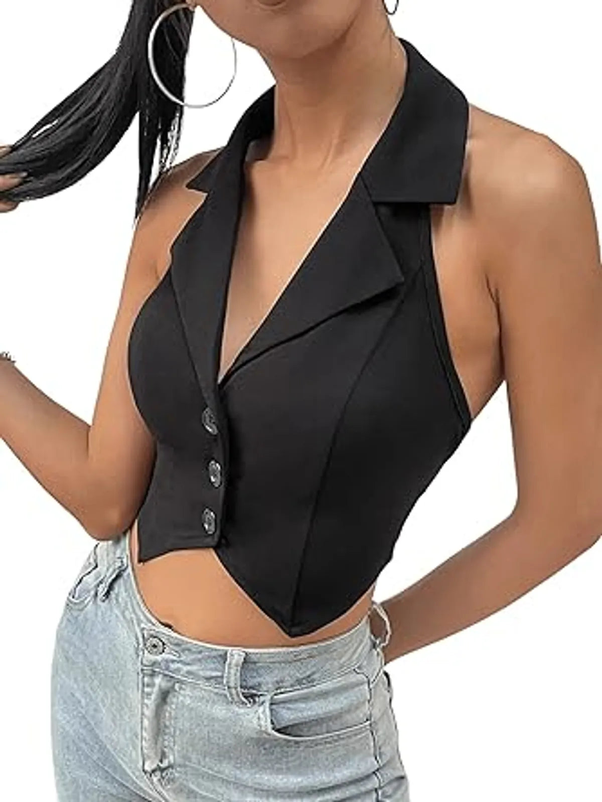 Backless Asymmetrical Hem Button Front Crop Blazer Vest