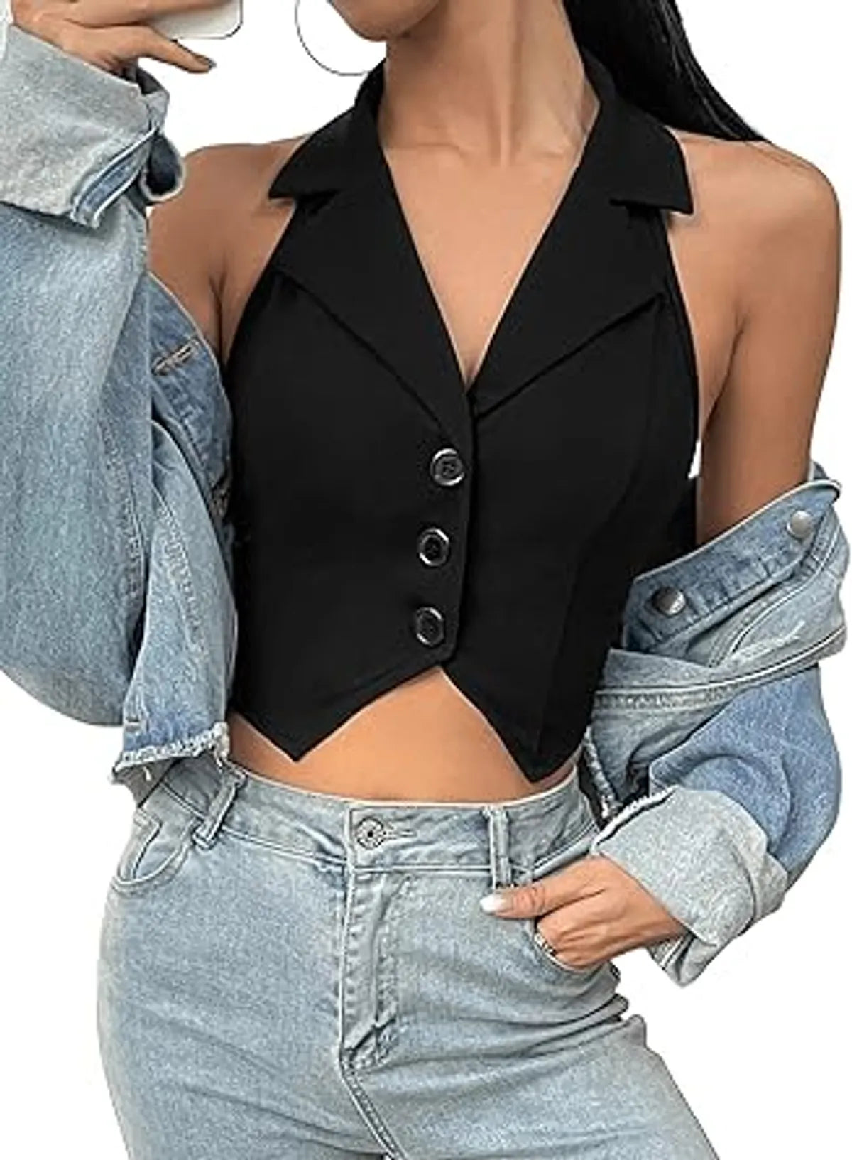 Backless Asymmetrical Hem Button Front Crop Blazer Vest