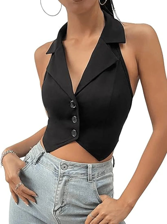 Backless Asymmetrical Hem Button Front Crop Blazer Vest
