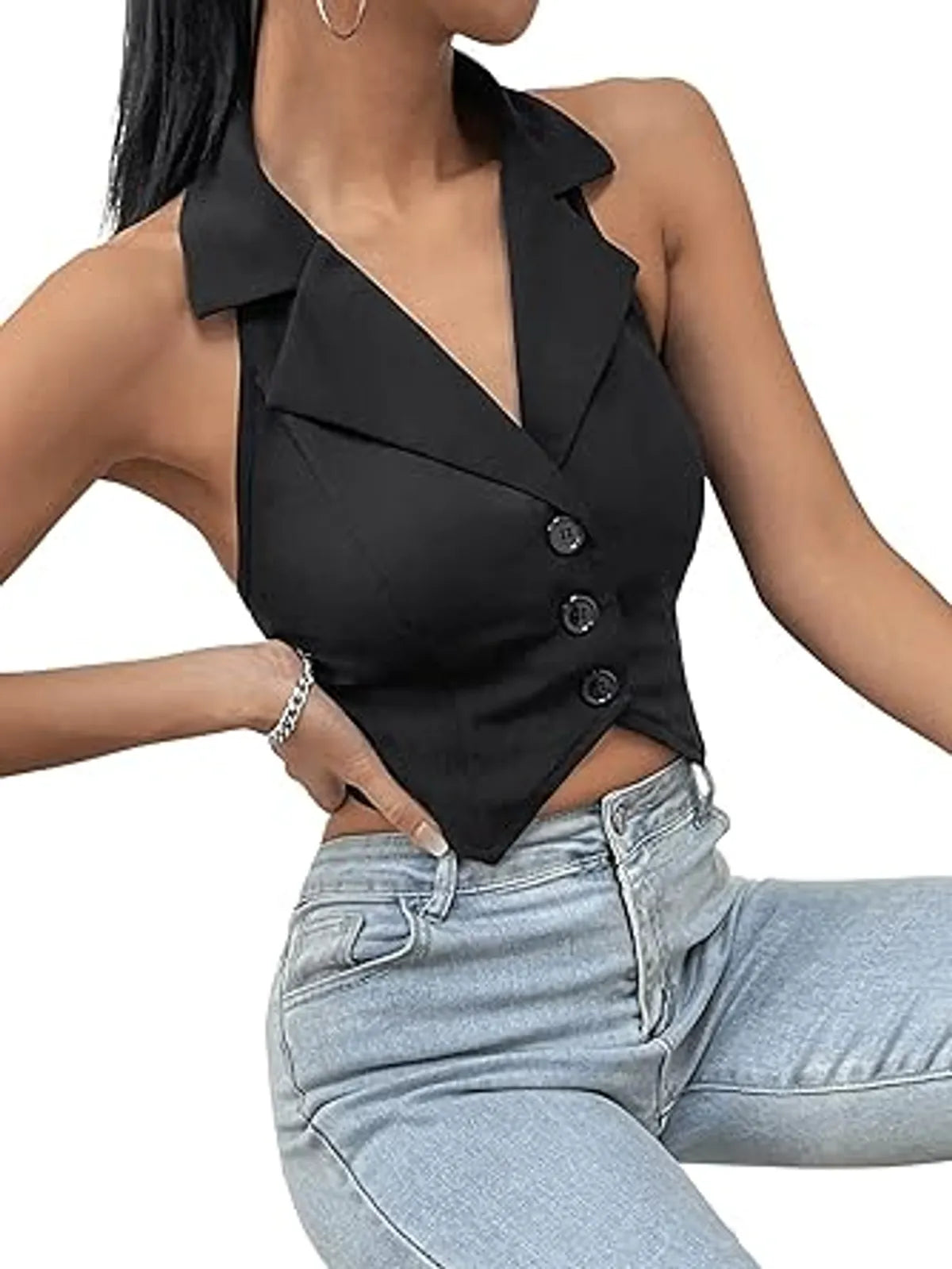 Backless Asymmetrical Hem Button Front Crop Blazer Vest
