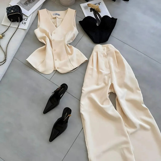 Ivory Womens Two Piece Suit With Vest And Wide Leg Pants