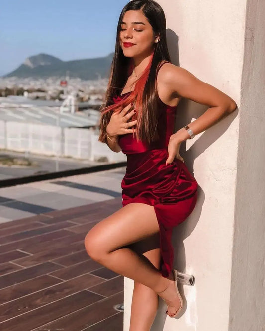Red Color Scrunch Spaghetti Strap Dress